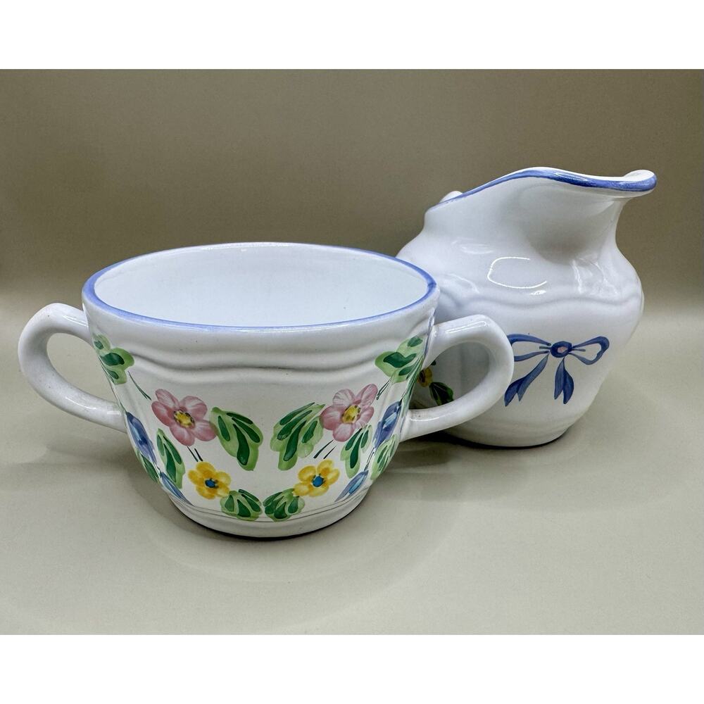 Herend Pottery Bow Cottagecore Creamer & Sugar Set Hand Painted Floral Tableware